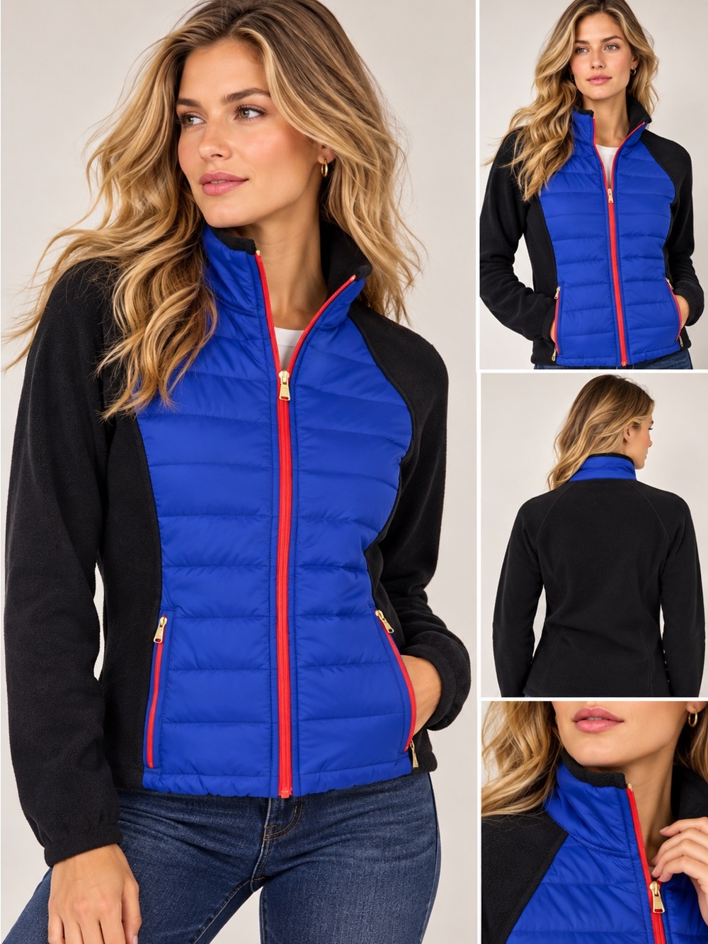 Ralph Lauren Active Jacket Womens XS Fleece Black Blue Red Quilted Full Zip LRL
